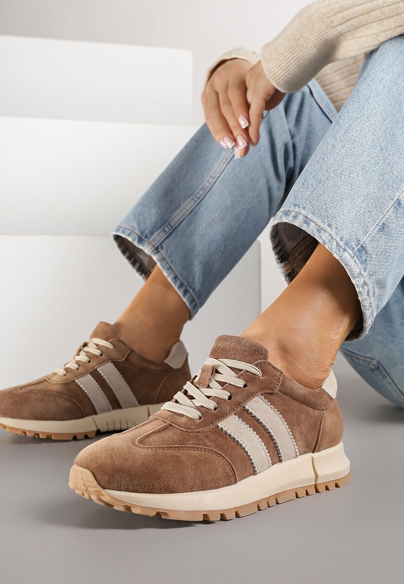 Brązowe Sneakersy ze Skóry Naturalnej z Paskami Kiarre 2