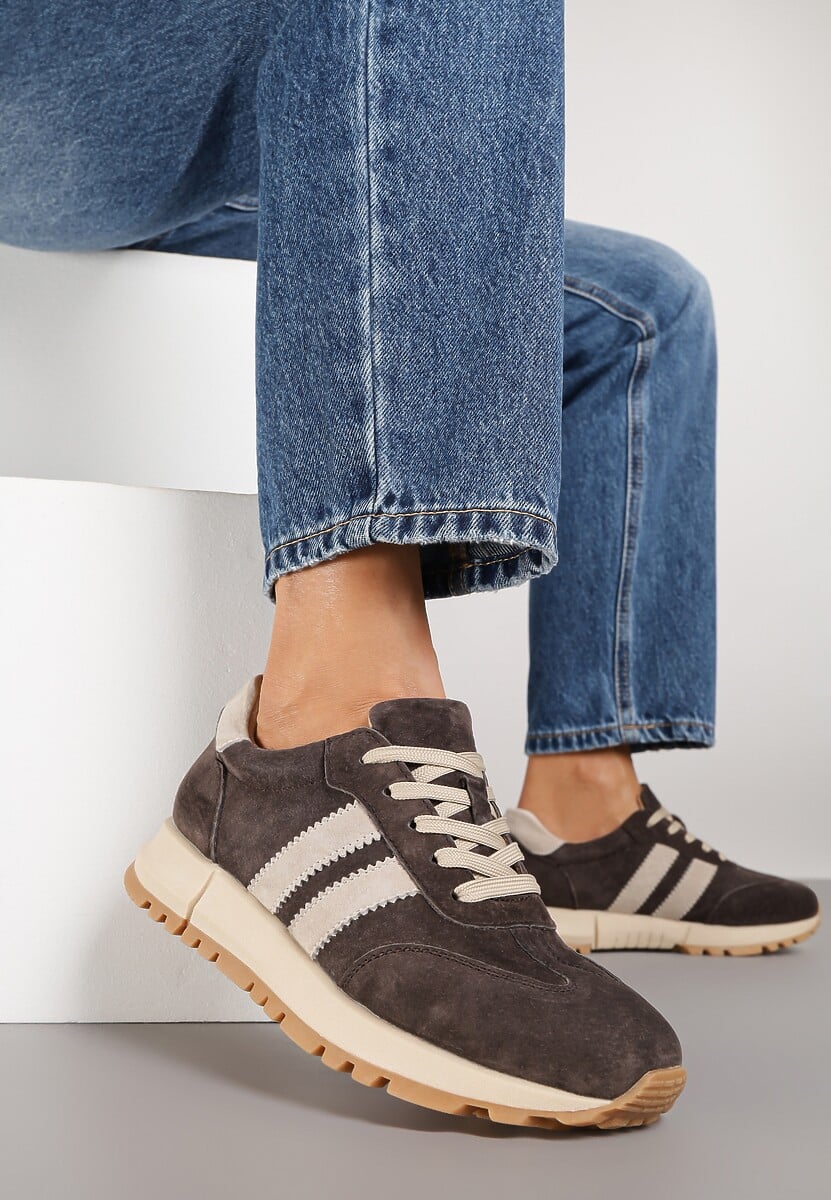 Ciemnobrązowe Sneakersy ze Skóry Naturalnej z Paskami Kiarre 2