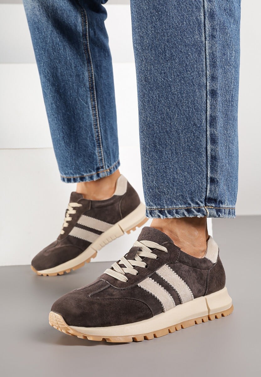 Ciemnobrązowe Sneakersy ze Skóry Naturalnej z Paskami Kiarre 3
