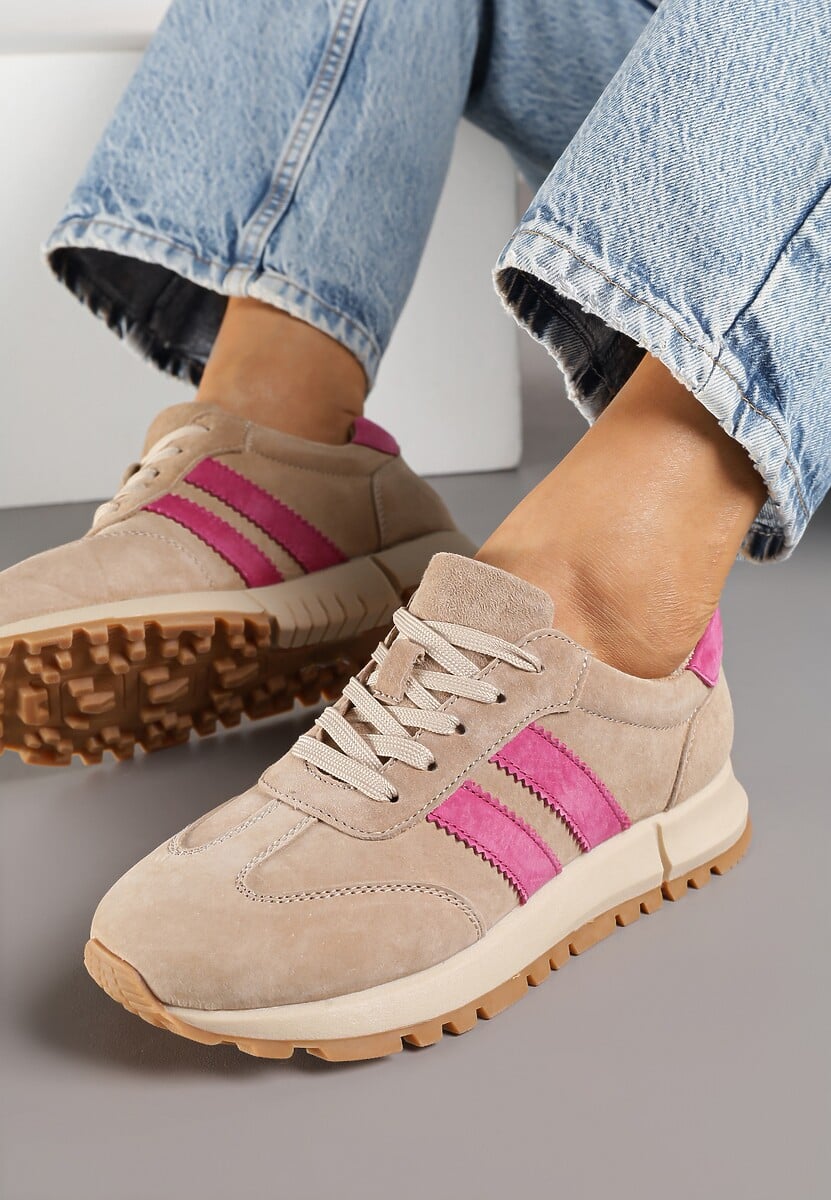 Beżowo-Fuksjowe Sneakersy ze Skóry Naturalnej z Paskami Kiarre 3