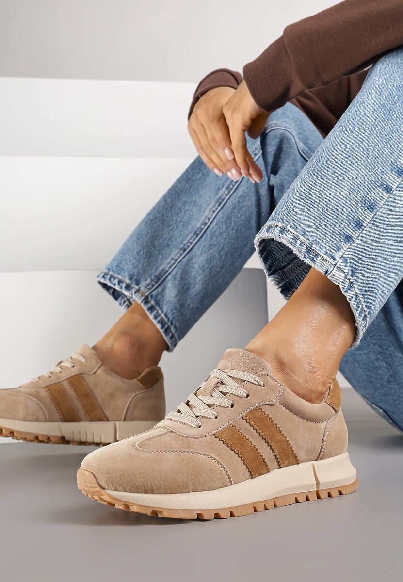 Beżowe Sneakersy ze Skóry Naturalnej z Paskami Kiarre 1