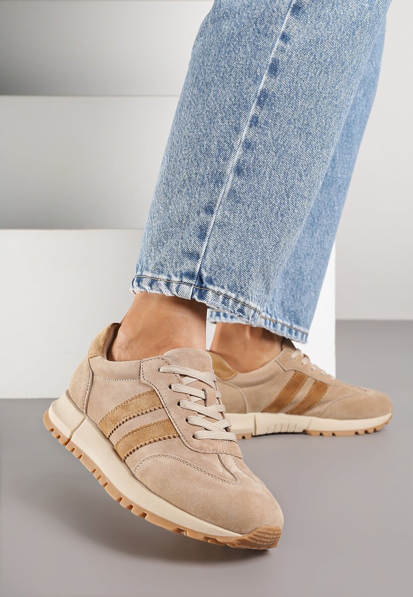 Beżowe Sneakersy ze Skóry Naturalnej z Paskami Kiarre 2