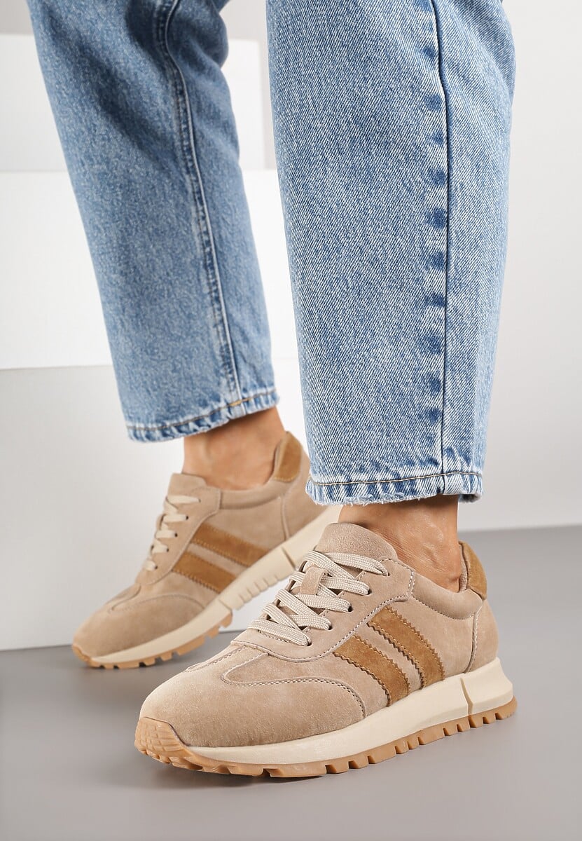 Beżowe Sneakersy ze Skóry Naturalnej z Paskami Kiarre 3