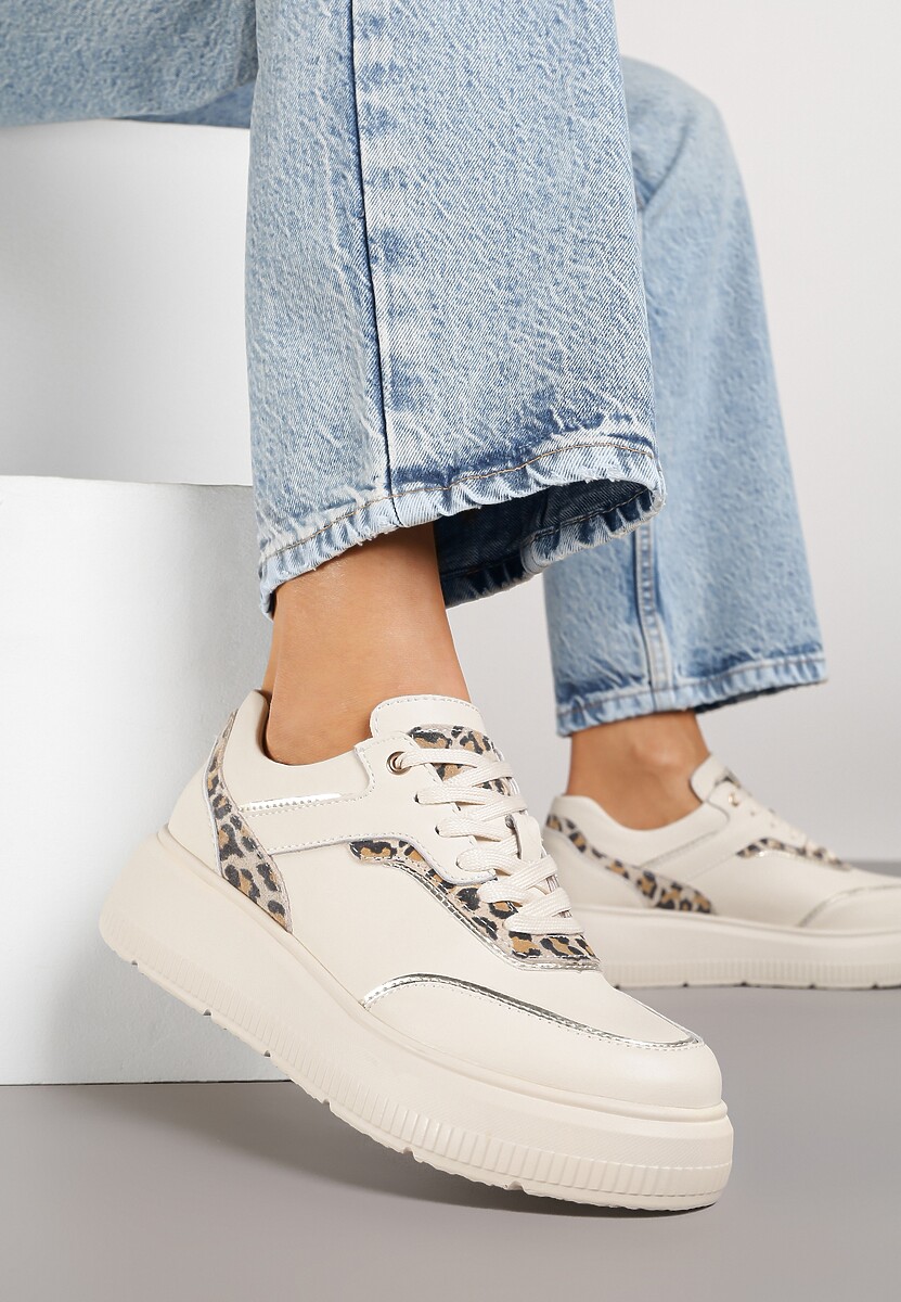 Beżowe Sneakersy na Platformie ze Skóry Naturalnej Ozdobione Metalicznymi Elementami Haliorea 2