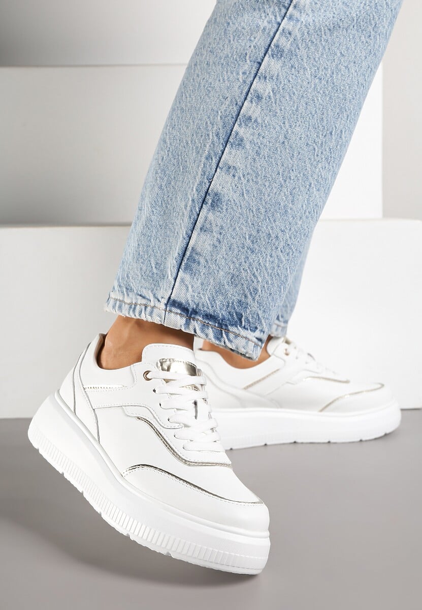Białe Sneakersy na Platformie ze Skóry Naturalnej Ozdobione Metalicznymi Elementami Haliorea 1