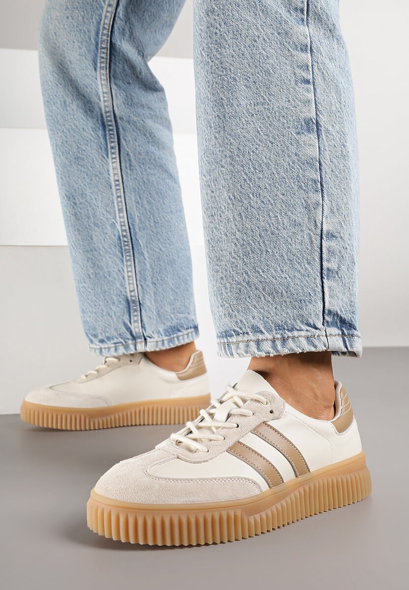 Beżowo-Brązowe Zamszowe Sneakersy w Stylu Kultowych Tenisówek ze Skórzaną Wkładką Tenannia 1