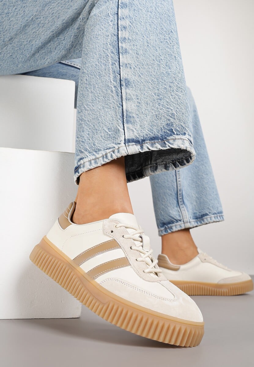 Beżowo-Brązowe Zamszowe Sneakersy w Stylu Kultowych Tenisówek ze Skórzaną Wkładką Tenannia 2
