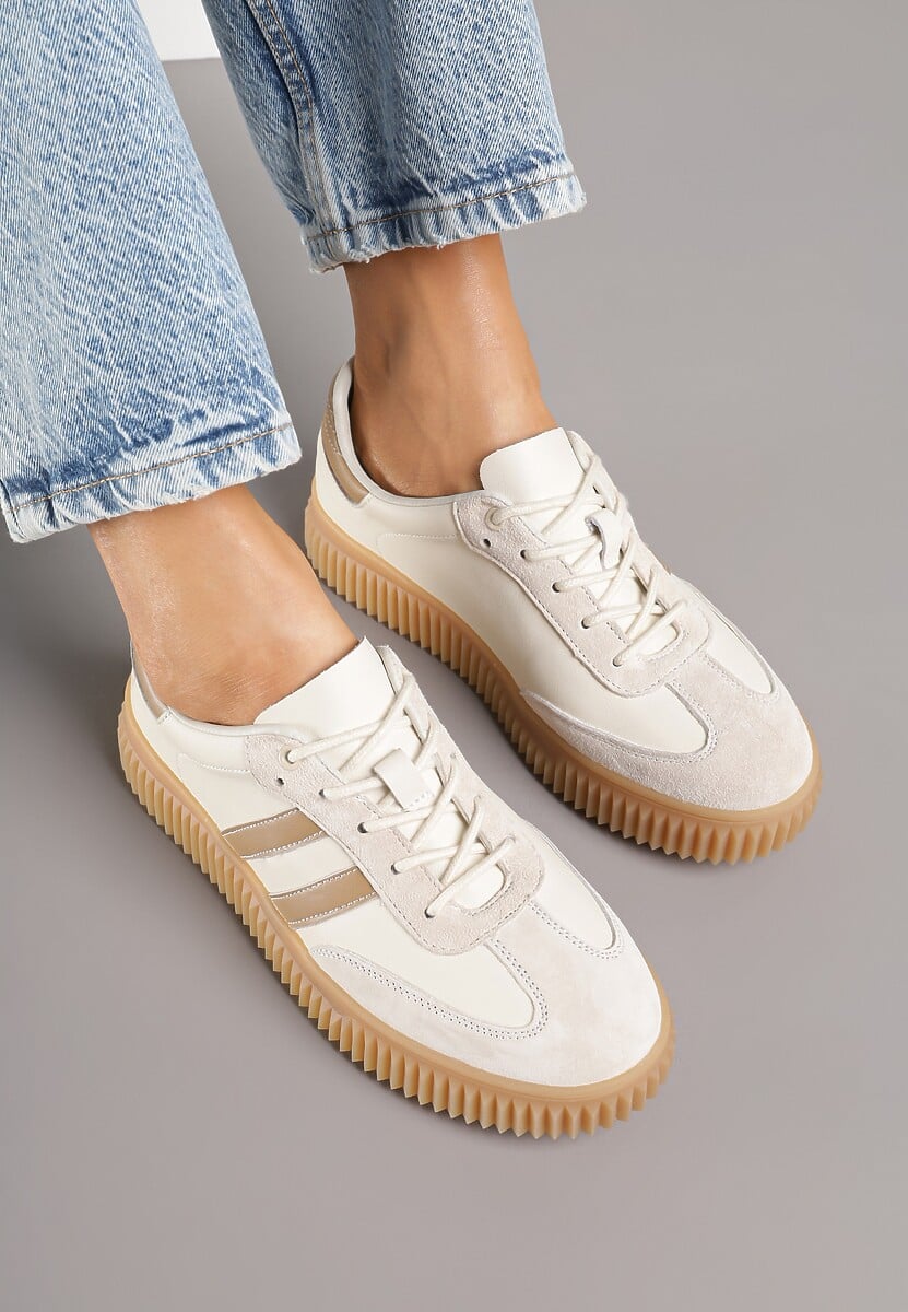 Beżowo-Brązowe Zamszowe Sneakersy w Stylu Kultowych Tenisówek ze Skórzaną Wkładką Tenannia 3