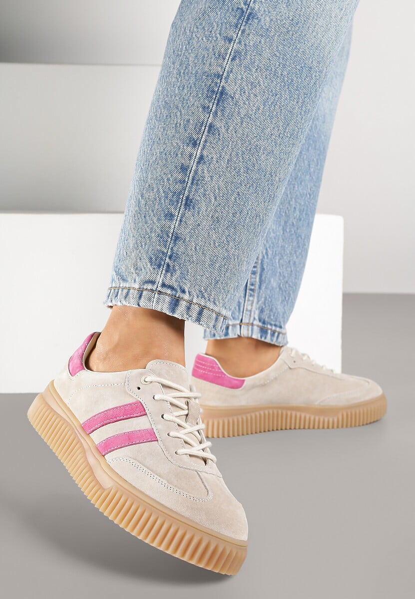 Beżowo-Fuksjowe Zamszowe Sneakersy w Stylu Kultowych Tenisówek ze Skórzaną Wkładką Tenannia 1