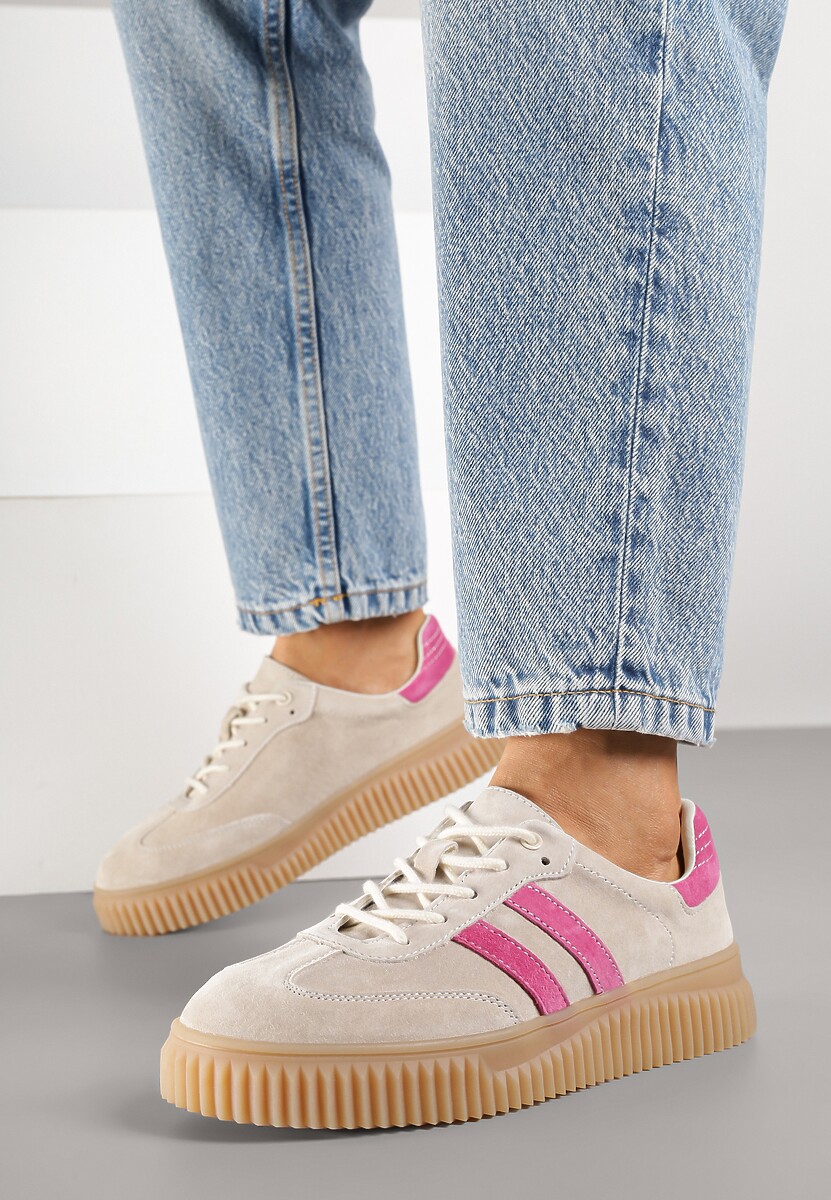 Beżowo-Fuksjowe Zamszowe Sneakersy w Stylu Kultowych Tenisówek ze Skórzaną Wkładką Tenannia 2