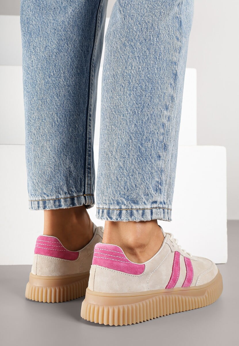 Beżowo-Fuksjowe Zamszowe Sneakersy w Stylu Kultowych Tenisówek ze Skórzaną Wkładką Tenannia 3