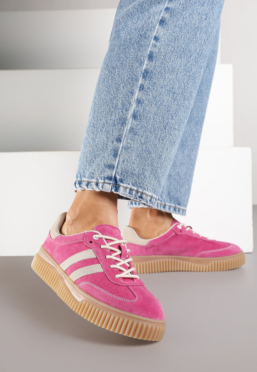 Fuksjowe Zamszowe Sneakersy w Stylu Kultowych Tenisówek ze Skórzaną Wkładką Tenannia 1
