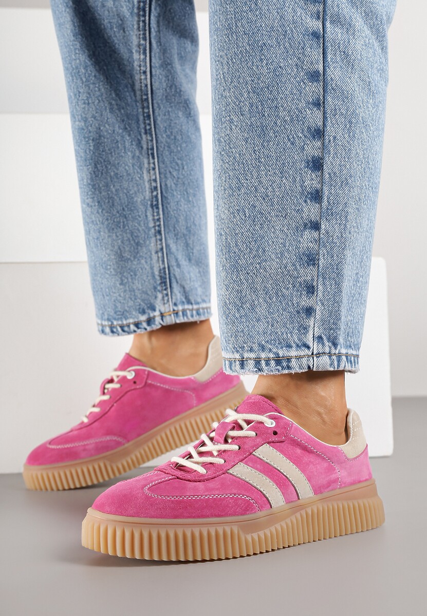 Fuksjowe Zamszowe Sneakersy w Stylu Kultowych Tenisówek ze Skórzaną Wkładką Tenannia 2