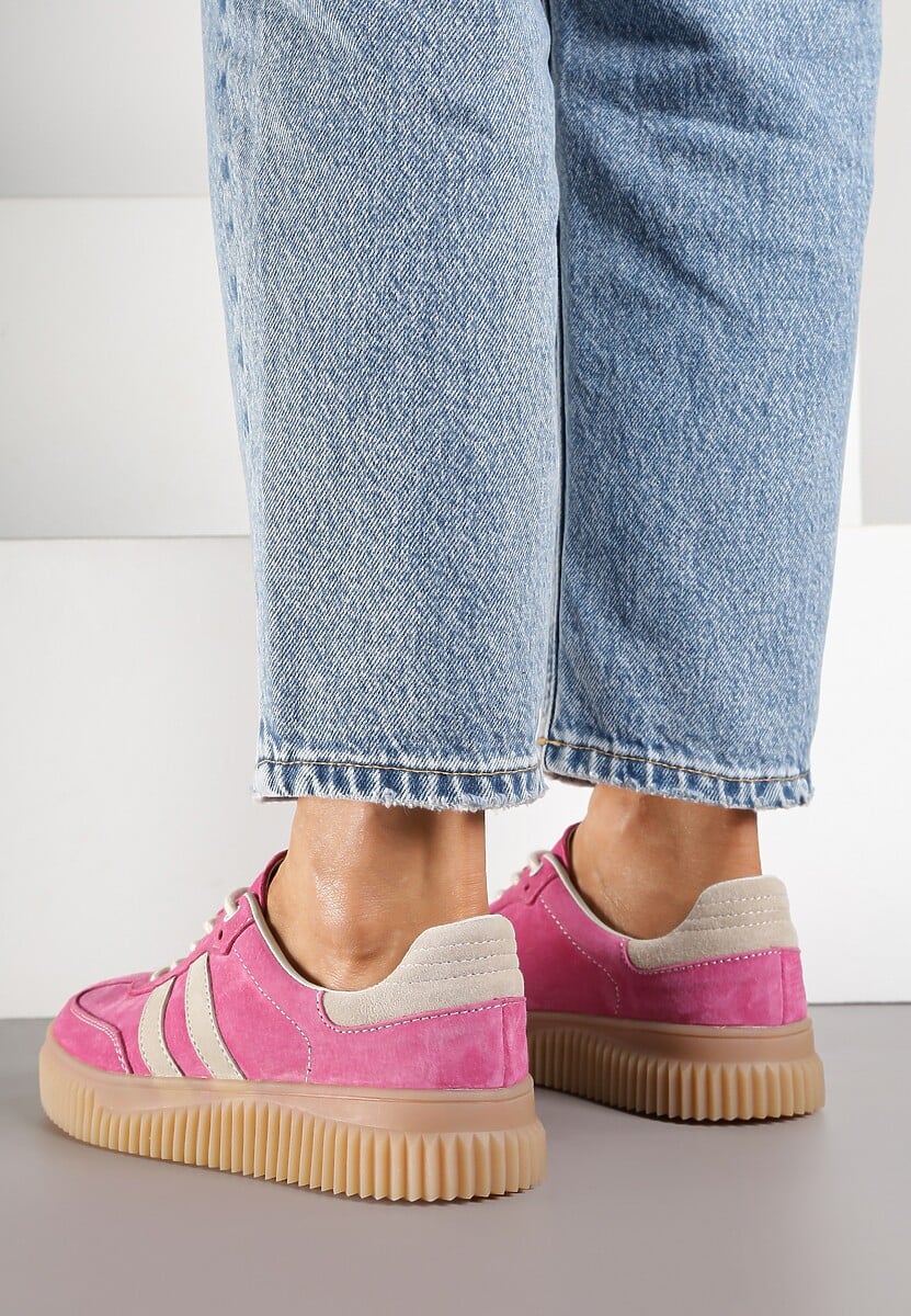 Fuksjowe Zamszowe Sneakersy w Stylu Kultowych Tenisówek ze Skórzaną Wkładką Tenannia 3