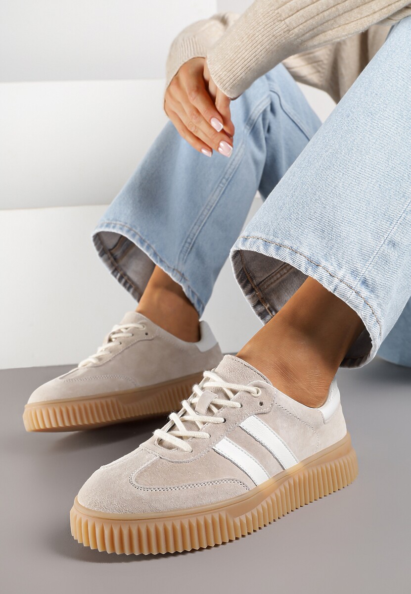 Ciemnobeżowe Zamszowe Sneakersy w Stylu Kultowych Tenisówek ze Skórzaną Wkładką Tenannia 1