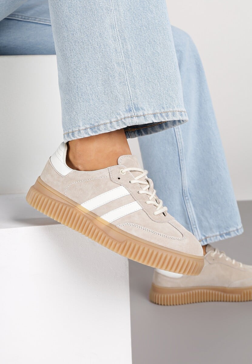 Ciemnobeżowe Zamszowe Sneakersy w Stylu Kultowych Tenisówek ze Skórzaną Wkładką Tenannia 2