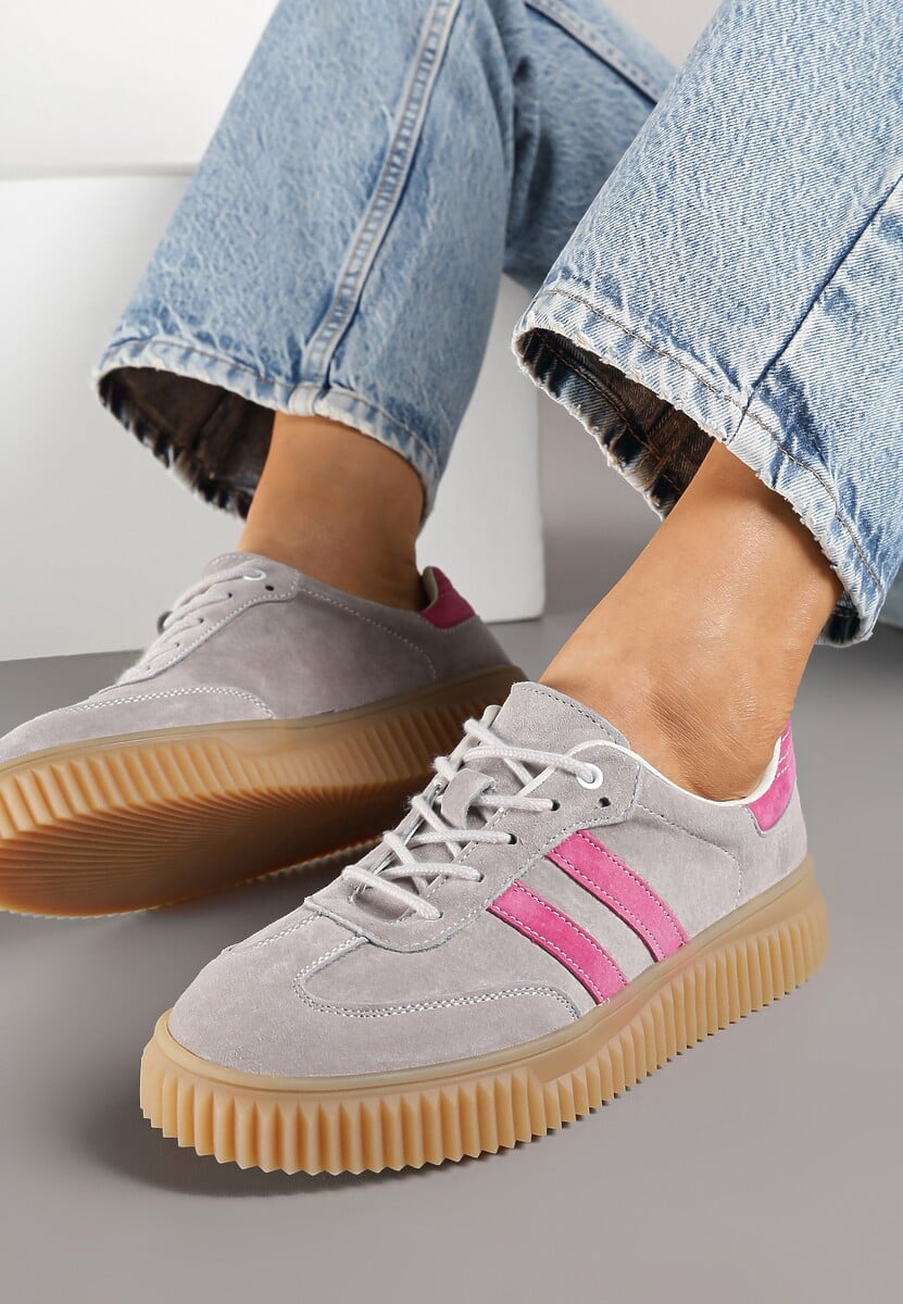 Szaro-Różowe Zamszowe Sneakersy w Stylu Kultowych Tenisówek ze Skórzaną Wkładką Tenannia 3