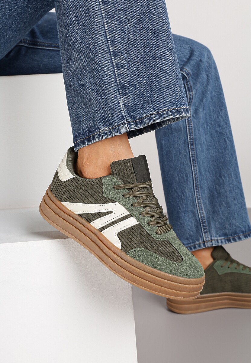 Zielone Sneakersy Tenisówki na Platformie z Tłoczeniem i Geometrycznym  Motywem Kialie 1
