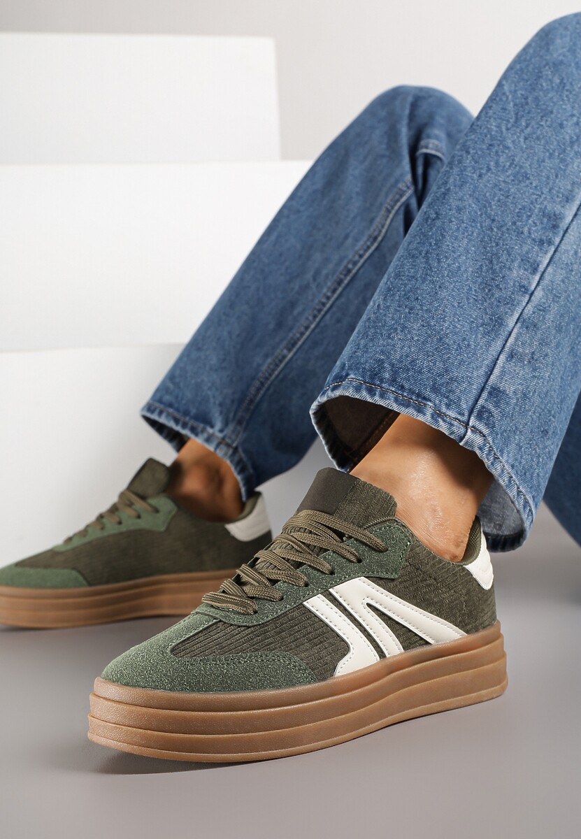 Zielone Sneakersy Tenisówki na Platformie z Tłoczeniem i Geometrycznym  Motywem Kialie 2