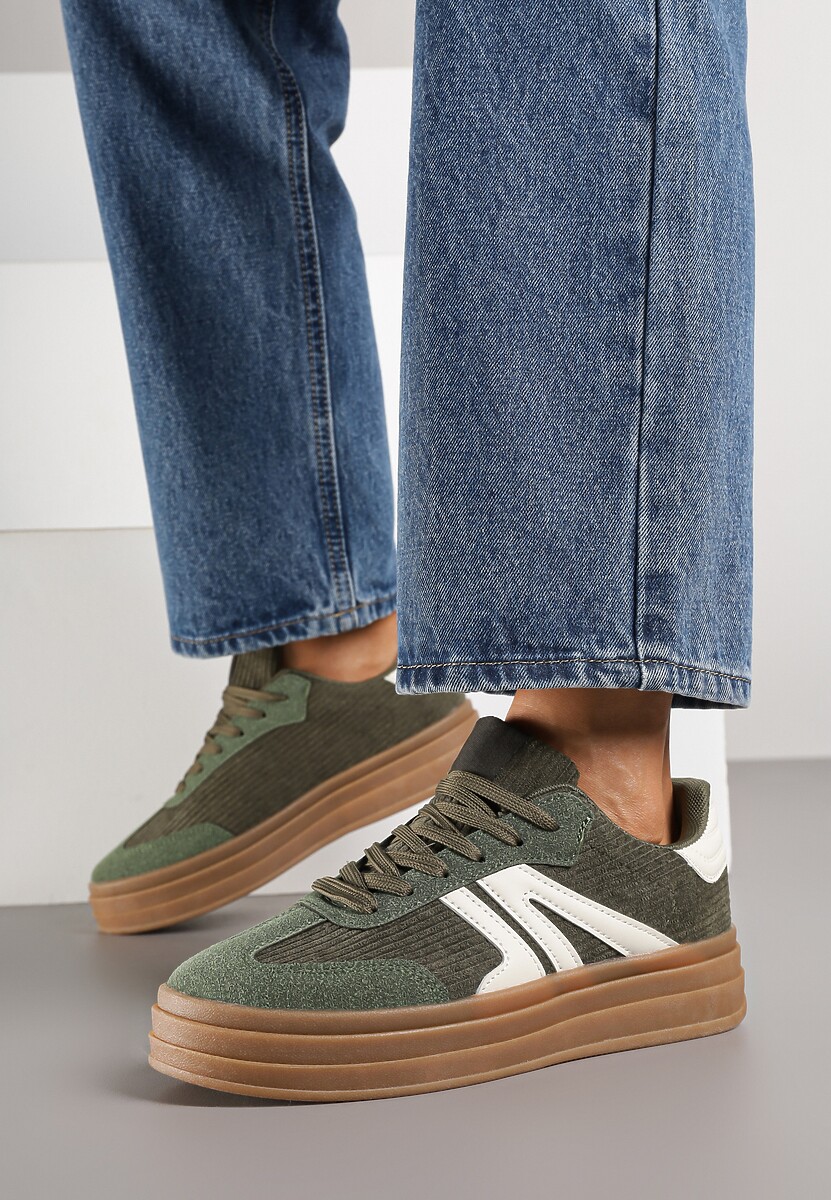 Zielone Sneakersy Tenisówki na Platformie z Tłoczeniem i Geometrycznym  Motywem Kialie 3