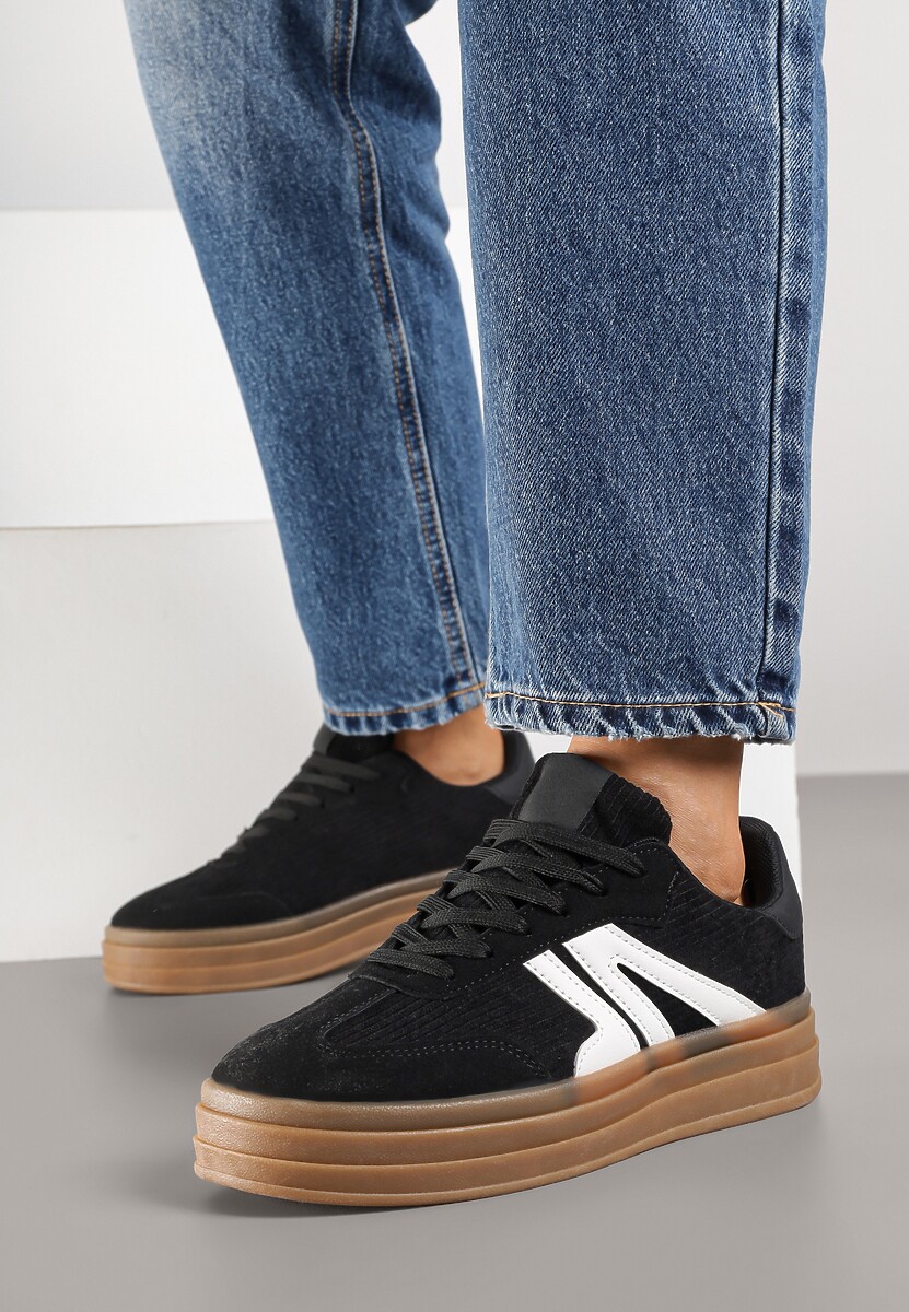 Czarne Sneakersy Tenisówki na Platformie z Tłoczeniem i Geometrycznym  Motywem Kialie 2