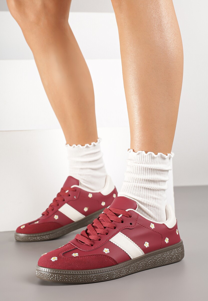 Bordowe Sneakersy Tenisówki Ozdobione Kwiatkami Zummine 2