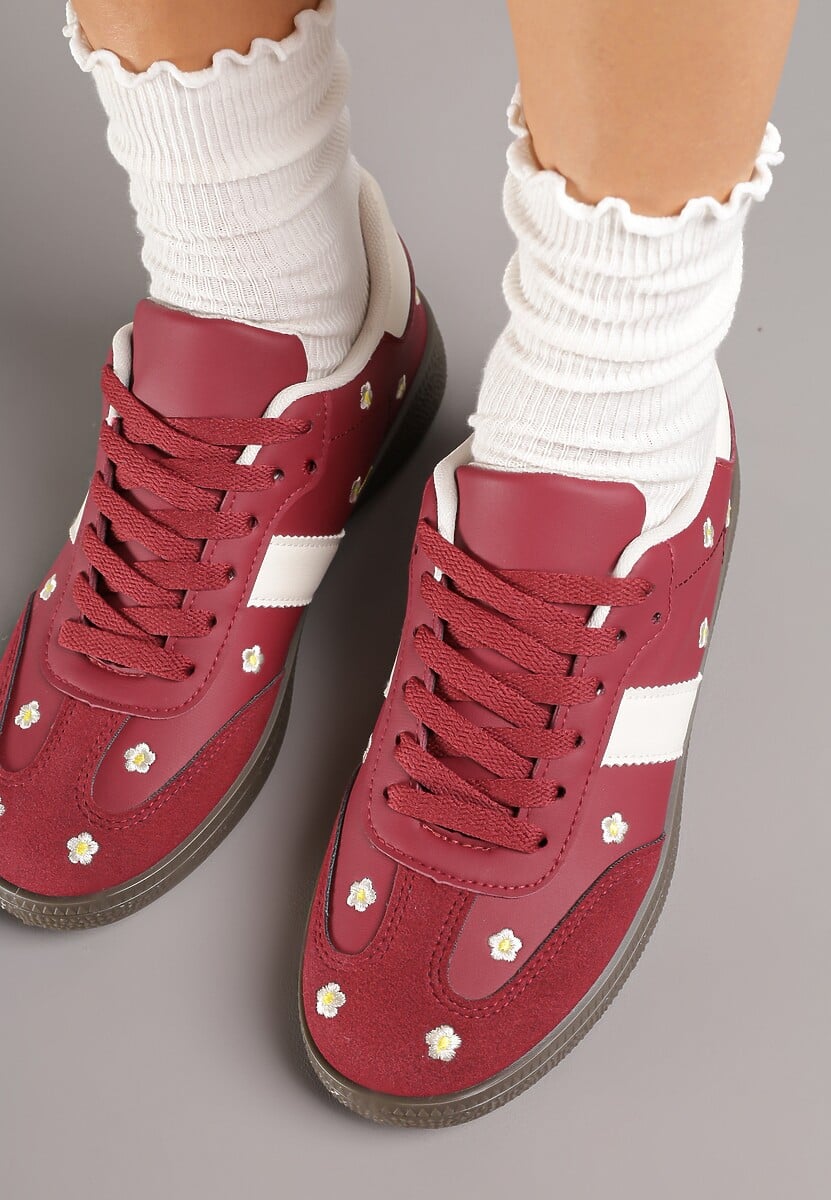 Bordowe Sneakersy Tenisówki Ozdobione Kwiatkami Zummine 3