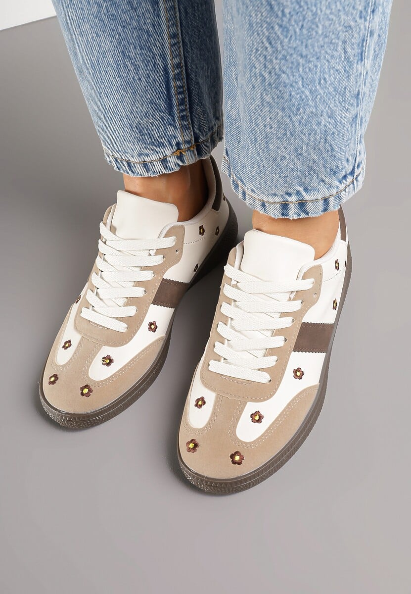 Beżowe Sneakersy Tenisówki Ozdobione Kwiatkami Zummine 3