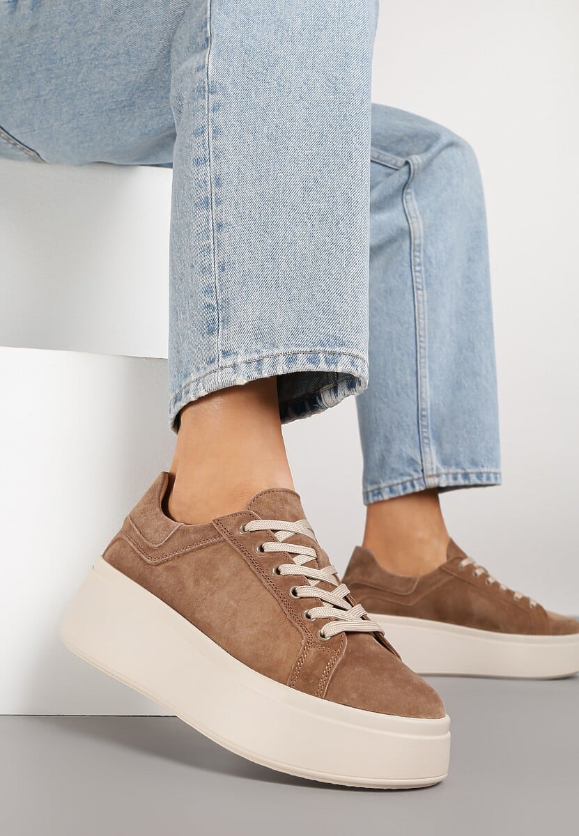 Brązowe Sneakersy z Naturalnego Zamszu na Platformie Nalirette 1
