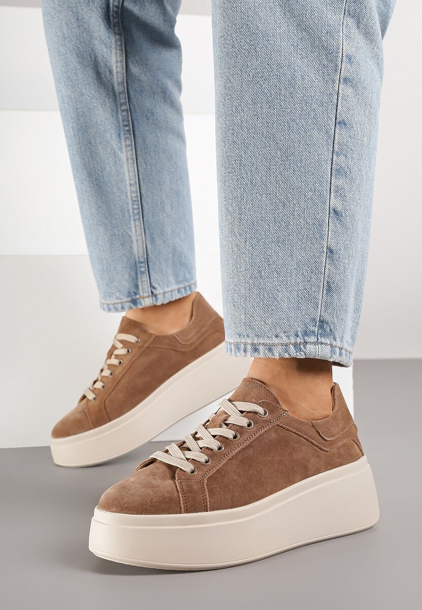 Brązowe Sneakersy z Naturalnego Zamszu na Platformie Nalirette 2