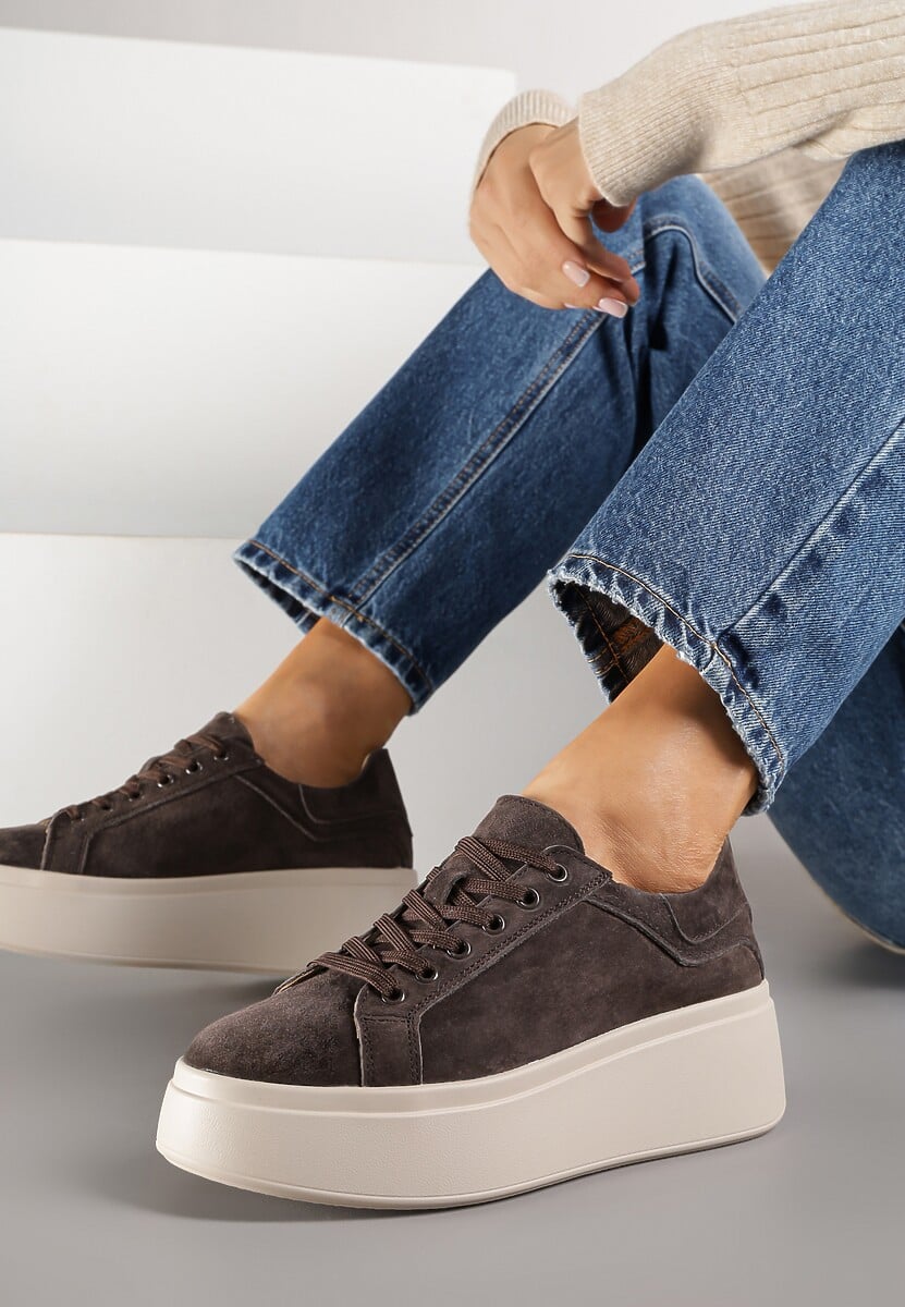 Ciemnobrązowe Sneakersy z Naturalnego Zamszu na Platformie Nalirette 1