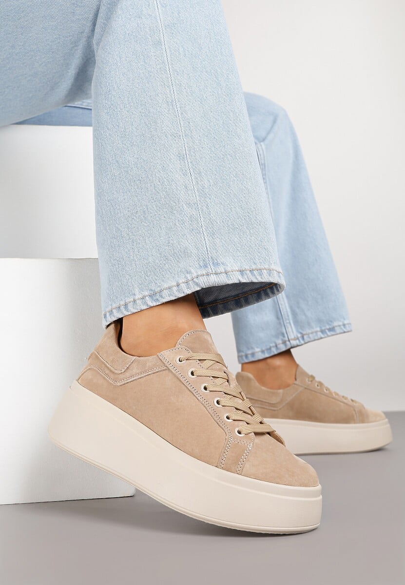 Beżowe Sneakersy z Naturalnego Zamszu na Platformie Nalirette 2