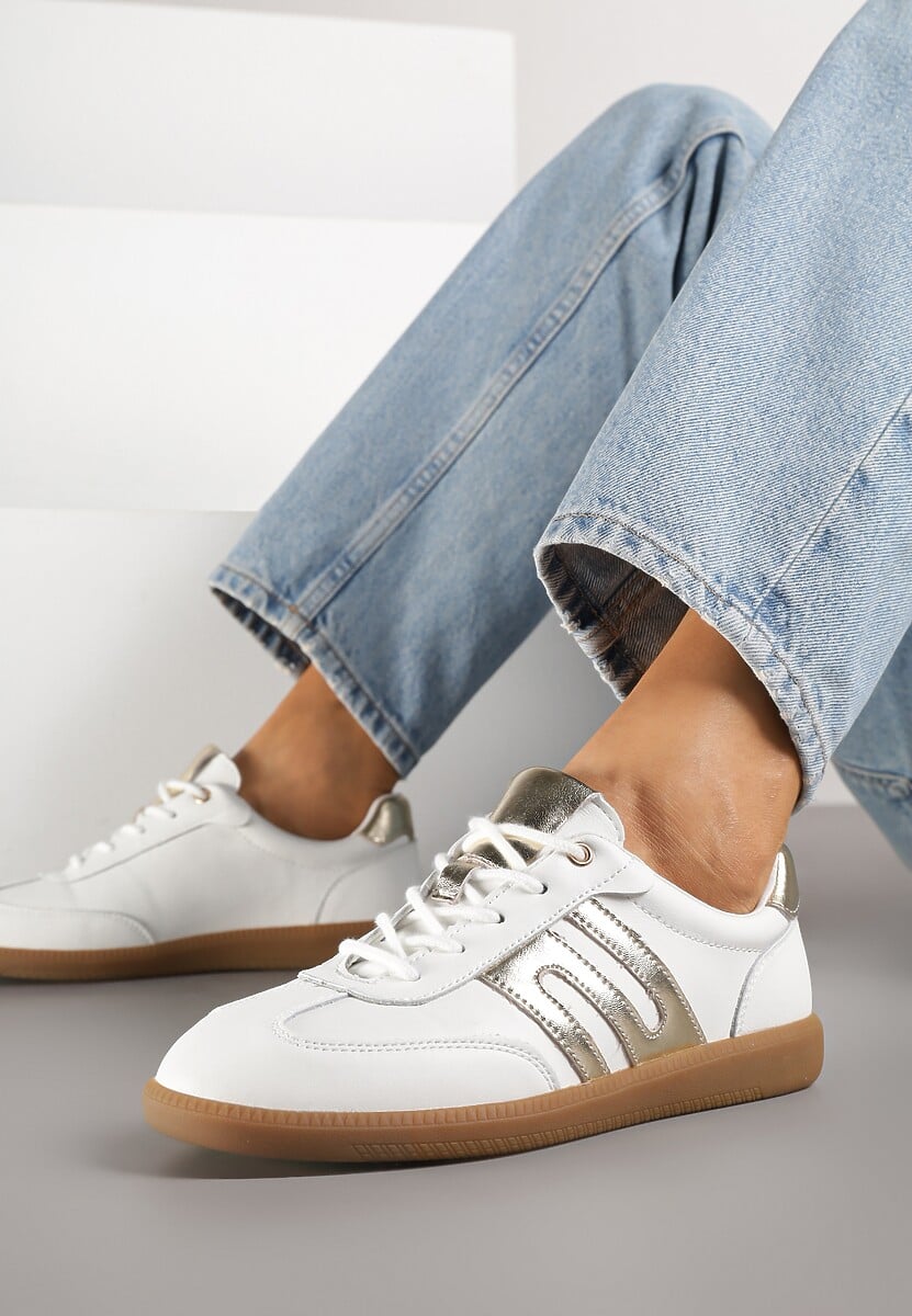 Białe Sneakersy Tenisówki ze Skóry Naturalnej z Geometrycznym Wzorem Carolie 1