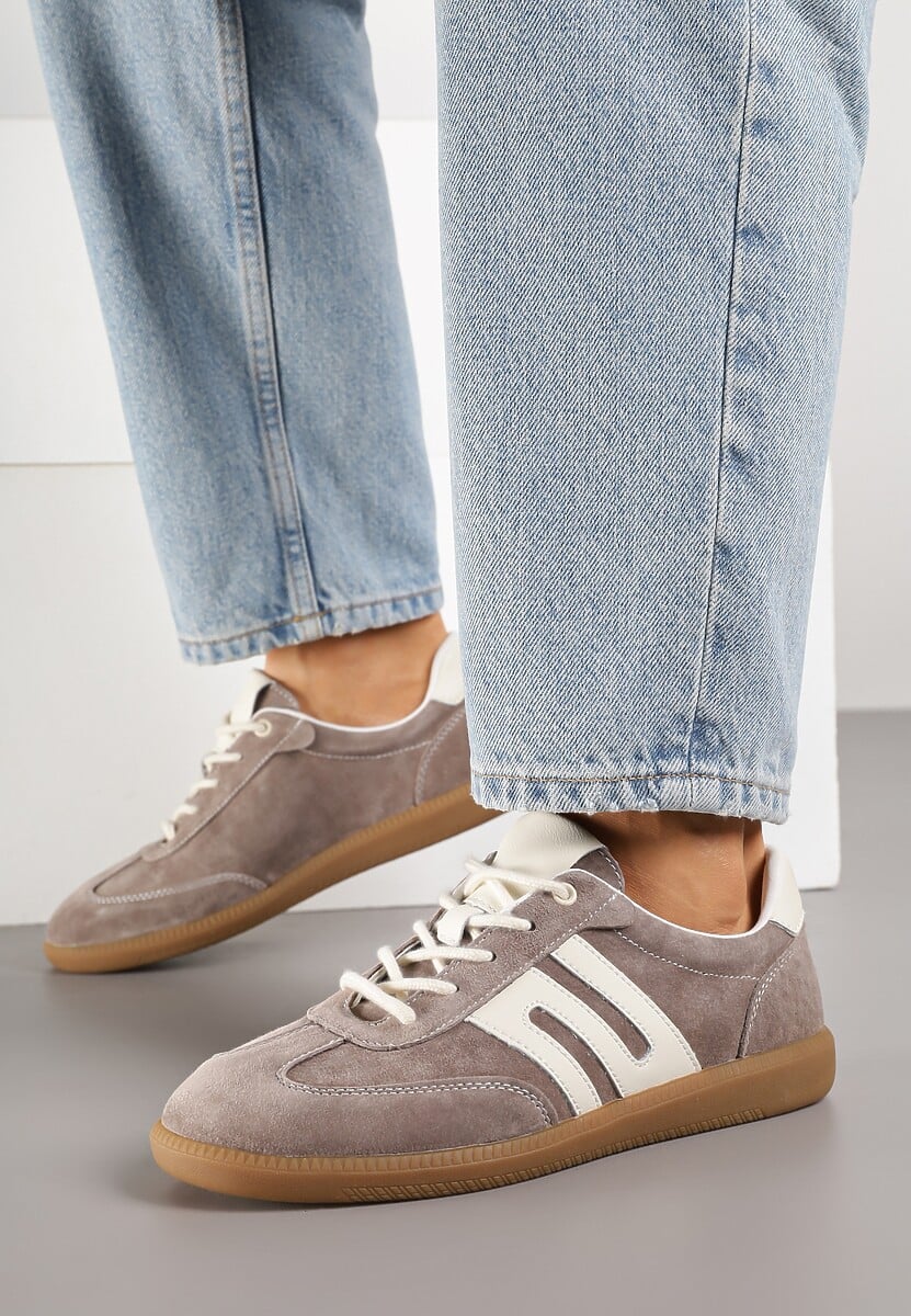 Brązowe Sneakersy Tenisówki ze Skóry Naturalnej z Geometrycznym Wzorem Carolie 2