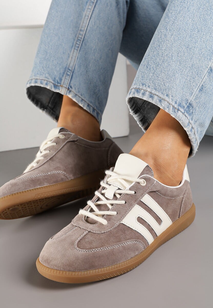 Brązowe Sneakersy Tenisówki ze Skóry Naturalnej z Geometrycznym Wzorem Carolie 3