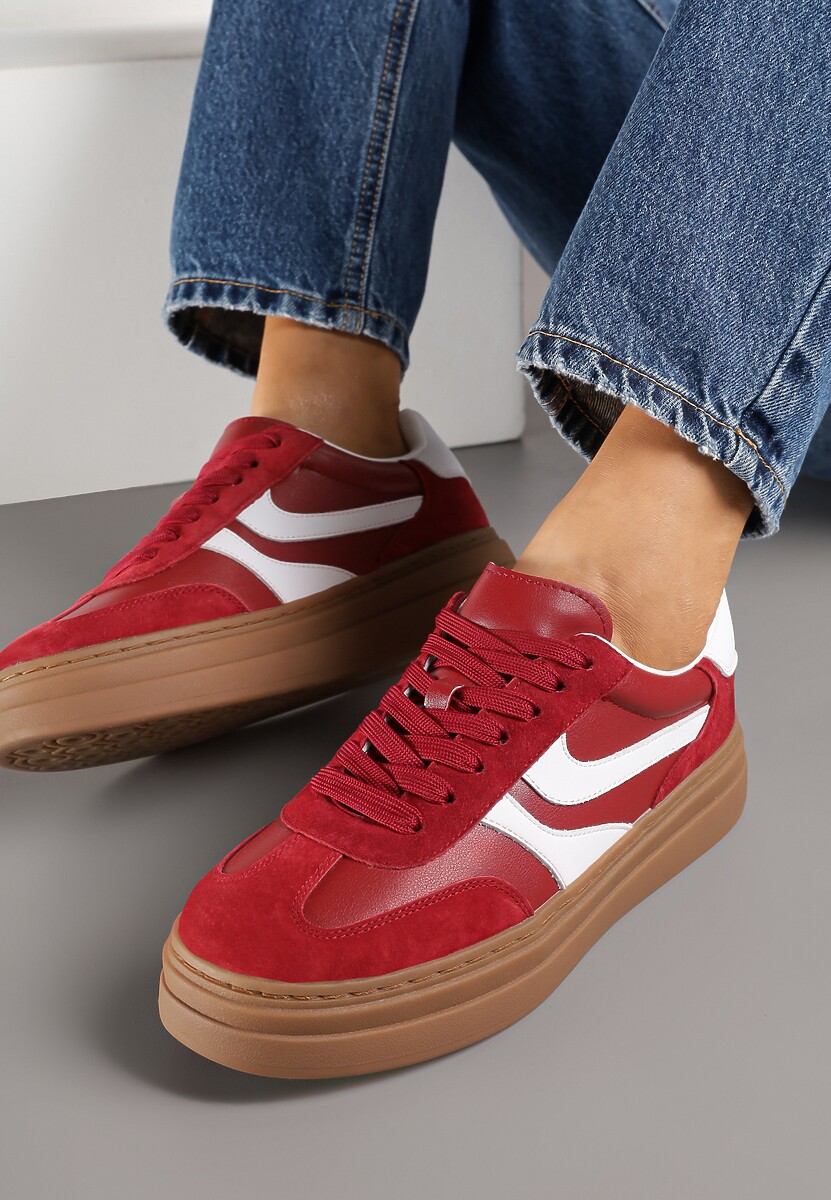 Czerwone Zamszowe Sneakersy Tenisówki Ozdobione Geometrycznym Motywem Nalivette 3