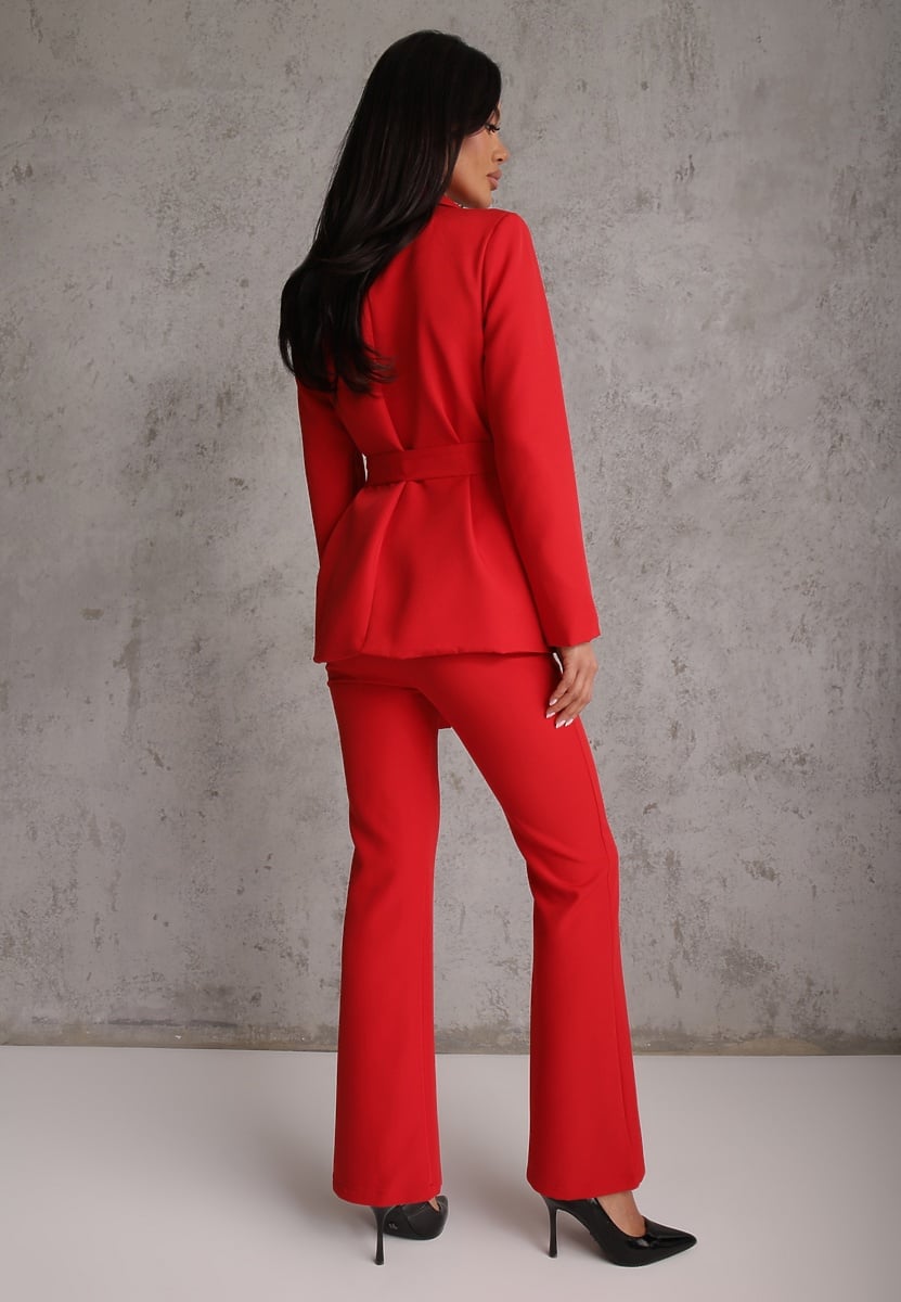 Czerwony Komplet o Garniturowym Kroju z Marynarką z Wiązaniem i Spodniami Falestra 3