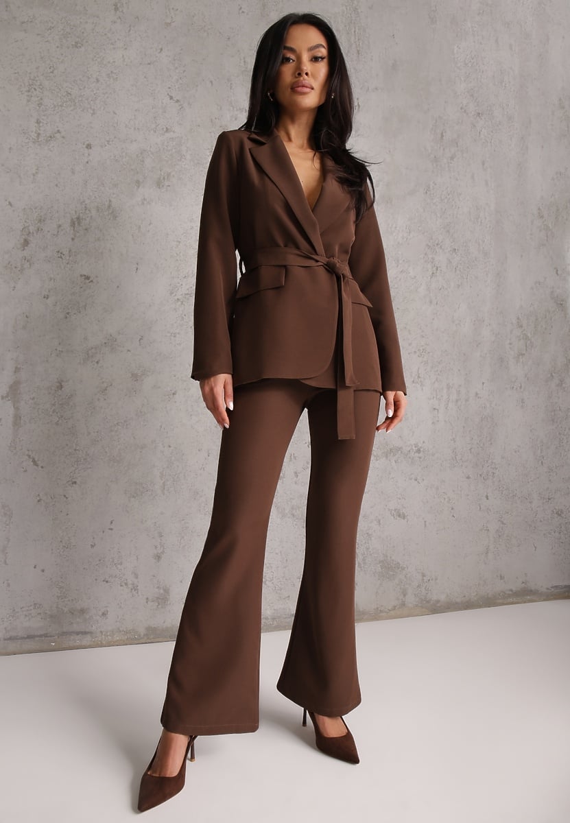 Brązowy Komplet o Garniturowym Kroju z Marynarką z Wiązaniem i Spodniami Falestra 1