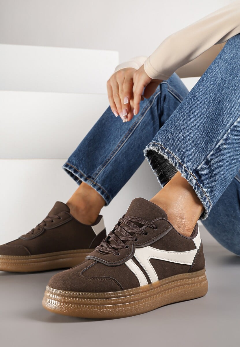 Brązowe Sneakersy Tenisówki Ozdobione Geometrycznym Wzorem Shie 2