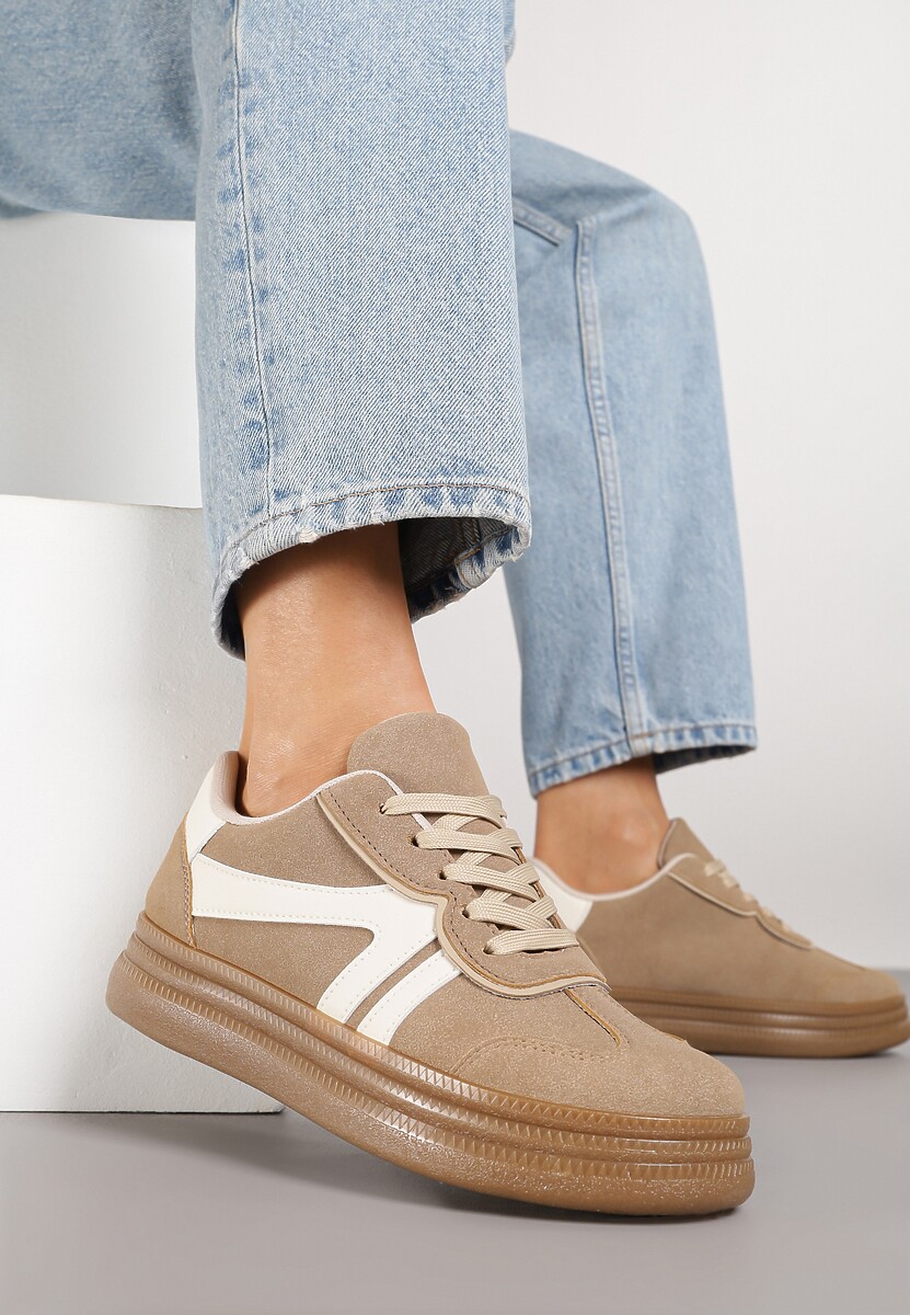 Beżowe Sneakersy Tenisówki Ozdobione Geometrycznym Wzorem Shie 2