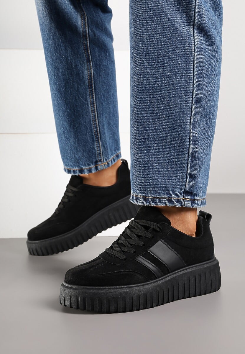 Czarne Sneakersy na Tłoczonej Platformie z Paskami Rilasena 3