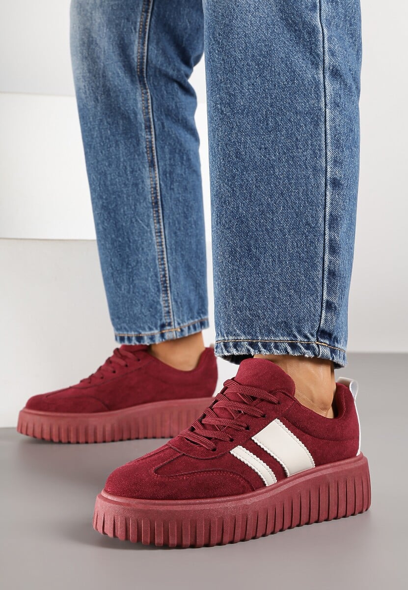 Bordowe Sneakersy na Tłoczonej Platformie z Paskami Rilasena 1