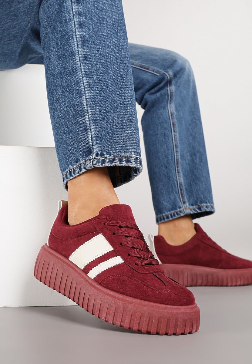 Bordowe Sneakersy na Tłoczonej Platformie z Paskami Rilasena 2