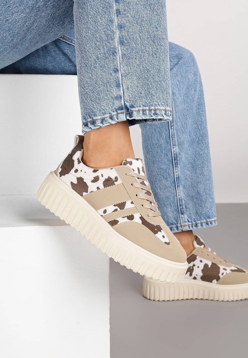 Czarno-Białe Sneakersy na Tłoczonej Platformie z Paskami Rilasena 1