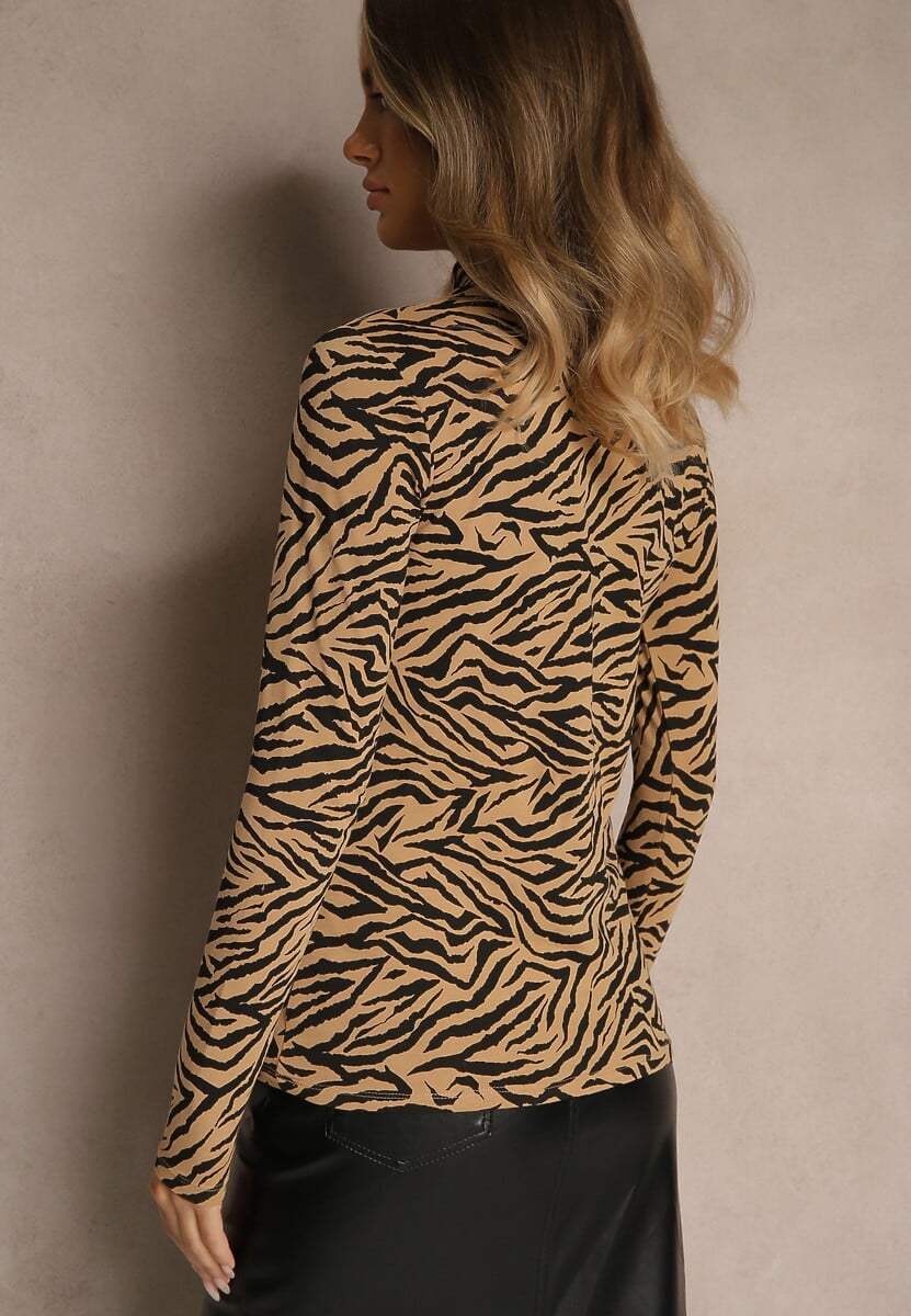 Brązowa Bluzka z Bawełny Typu Longsleeve z Golfem w Zebrę Cralissa 3