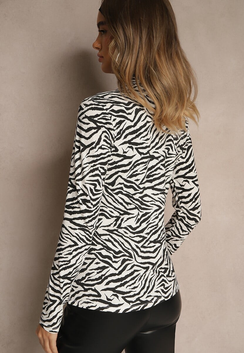 Czarno-Biała Bluzka z Bawełny Typu Longsleeve z Golfem w Zebrę Cralissa 3