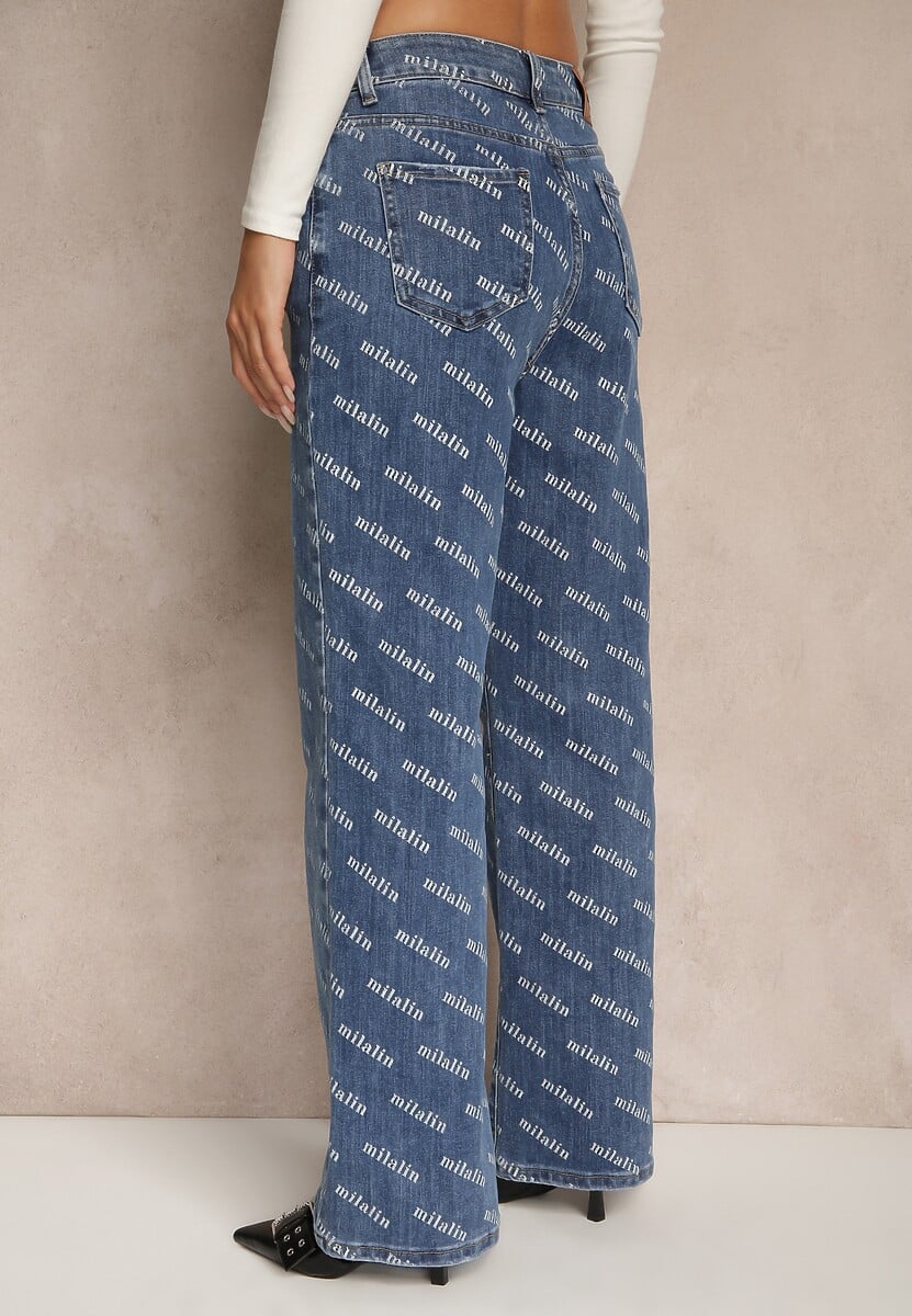 Niebieskie Jeansy Straight Leg High Waist Zdobione Printem Vilesse 3