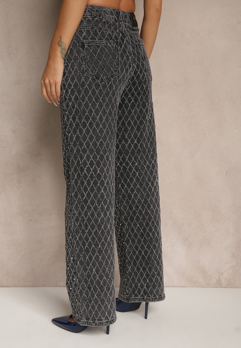 Szare Szerokie Jeansy High Waist z Cyrkoniowymi Zdobieniami Zarilene 3