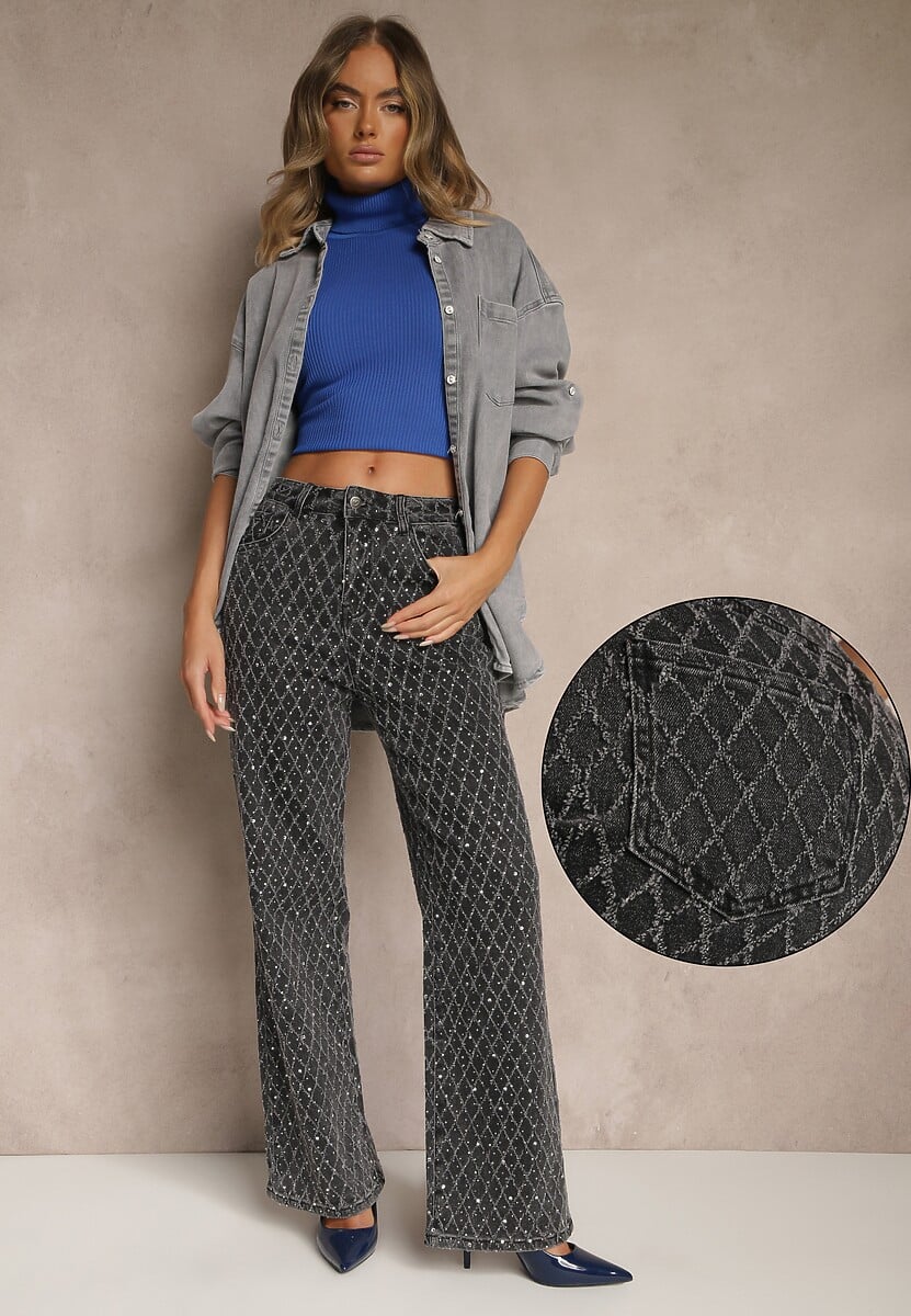Szare Szerokie Jeansy High Waist z Cyrkoniowymi Zdobieniami Zarilene 1