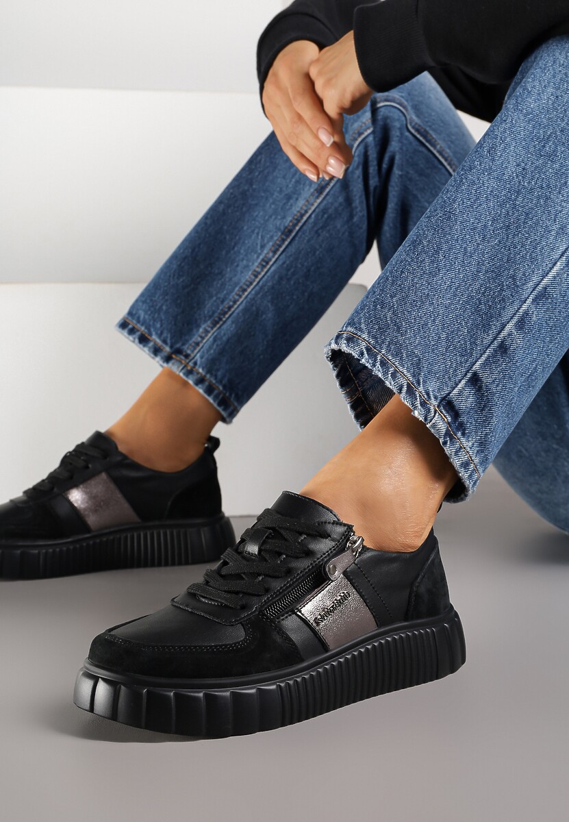 Czarne Sneakersy ze Skóry Naturalnej z Metalicznym Zdobieniem Zorentee 1